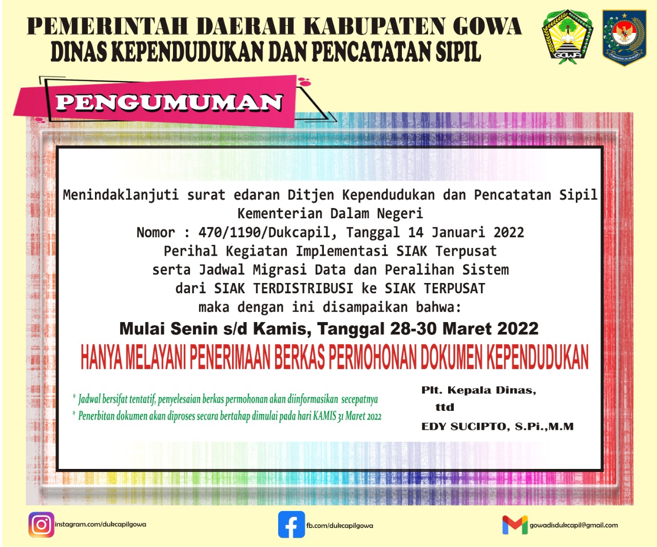 Mulai Besok Hingga Kamis, Dinas Dukcapil Gowa Tidak Terbitkan Dokumen Kependudukan